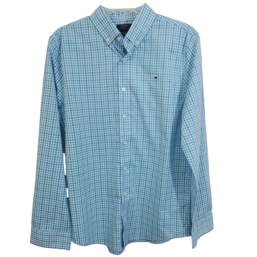 NWT Crown & Ivy Boys Button Down Turquoise Blue Plaid Dress Shirt Large Preppy